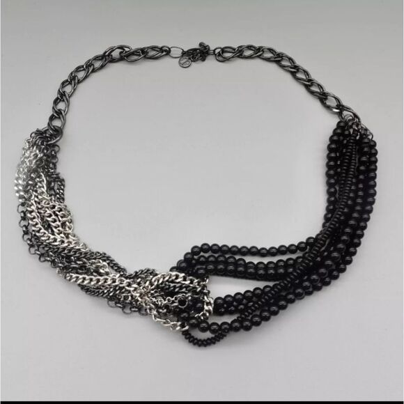 Talbots Necklace Modern Black Beaded Silver Tone Gunmetal Layered Chains 24 Inch - Picture 2 of 10